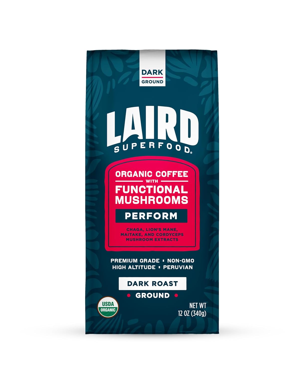 Laird Superfood Peruvian Dark Roast Coffee with Functional Mushrooms, Certified Organic Peruvian Ground Coffee Beans, Gluten - Free, Dairy - Free, Non - GMO, Paleo, Keto Friendly, 12 oz. Bag - Showlu Wellness Nation Store