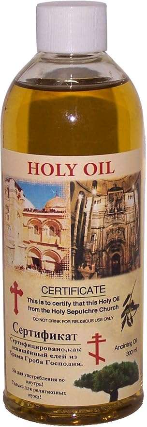Large bottle of authentic Holy Oil from Bethlehem with certificate from Sepulcher Orthodox Greek Church, 10.14 oz anointing oil for religious use