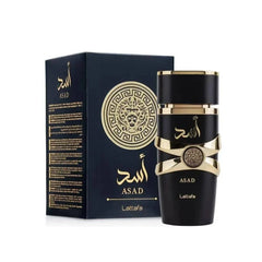 Lattafa Perfumes Black Edition Asad unisex eau de perfume spray 100ml with long-lasting floral scent and elegant black and gold packaging
