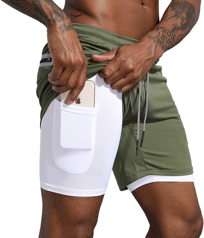 Leidowei Men's 2 in 1 Workout Running Shorts Lightweight Training Yoga Gym 7" Short with Zipper Pockets - Showlu Well Nation Store