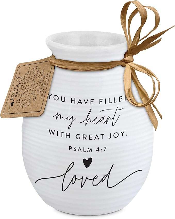 White ceramic vase with hand-tied Bible verse sign and decorative bow, featuring Psalm 4:7 from Lighthouse Christian Products