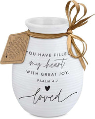 White ceramic vase with hand-tied Bible verse sign and decorative bow, featuring Psalm 4:7 from Lighthouse Christian Products