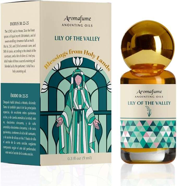 Lily of The Valley Anointing Oil 9ml bottle with blessing-themed packaging from Aromafume, natural and holy oil blend from Jerusalem.
