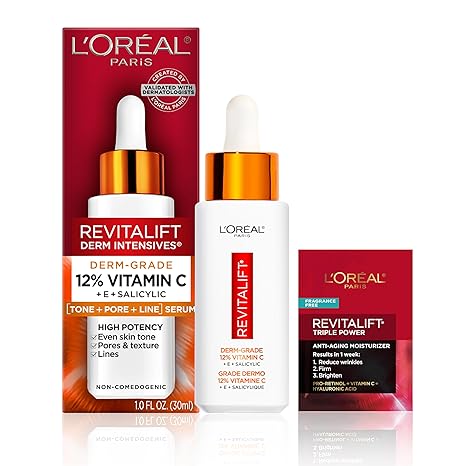 L'Oreal Paris Revitalift 12% Pure Vitamin C Serum, Brightening Serum For Face with Vitamin E, Salicylic Acid, 1 oz + Moisturizer Sample - Showlu Well Nation Store