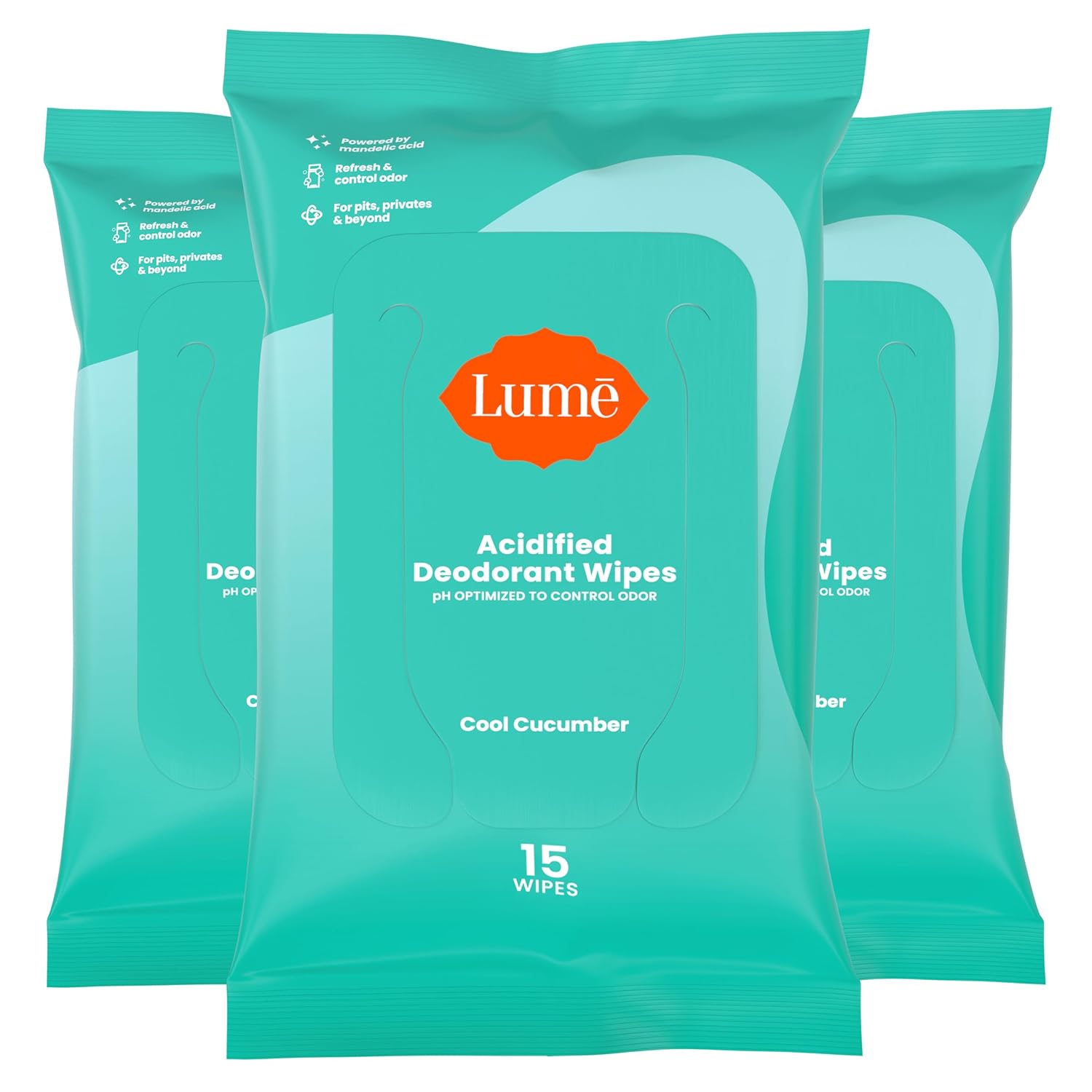 Lume Acidified Deodorant Wipes - 24 Hour Odor Control - Aluminum Free, Baking Soda Free, Skin Loving - 15 Count (Pack of 3) (Cool Cucumber) - Showlu Wellness Nation Store