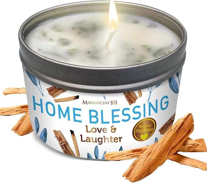 Long-lasting home blessing soy wax aromatherapy candle with sage, sandalwood, and bergamot for meditation and spiritual cleansing.