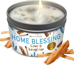 Long-lasting home blessing soy wax aromatherapy candle with sage, sandalwood, and bergamot for meditation and spiritual cleansing.