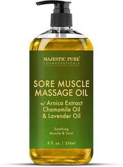 An 8 fl. oz. (236 ml) bottle of Showlu Well Nation Store Arnica Muscle Massage Oil - Relaxing Therapy, featuring a pump dispenser and infused with chamomile and lavender for soothing muscle and joint relief, supports muscle recovery.
