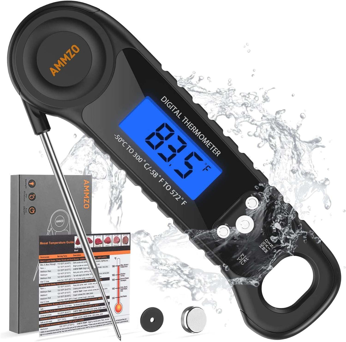 Waterproof digital meat thermometer with backlight display and stainless steel probe for fast, accurate temperature readings from -58°F to 572°F.