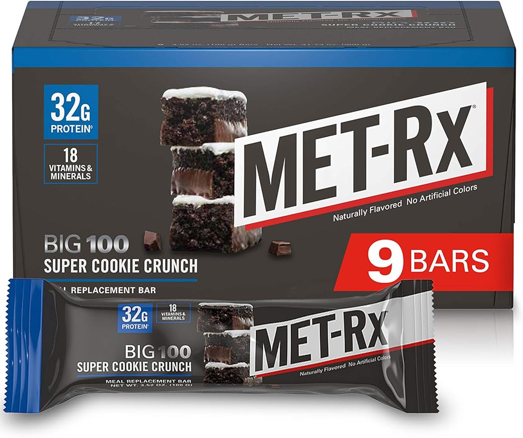 MET - Rx Big 100 Protein Bar, Meal Replacement Bar, 32G Protein, Super Cookie Crunch, 9 Bars (Pack of 1) - Showlu Well Nation Store