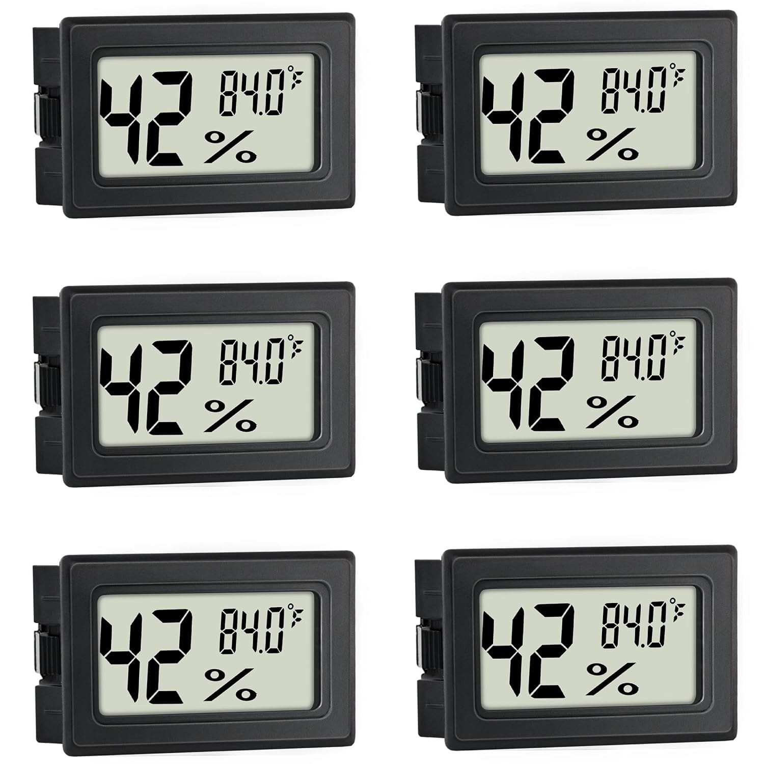 Set of six mini indoor digital hygrometers displaying 42% humidity and 84.0°F temperature for precise indoor environment monitoring.