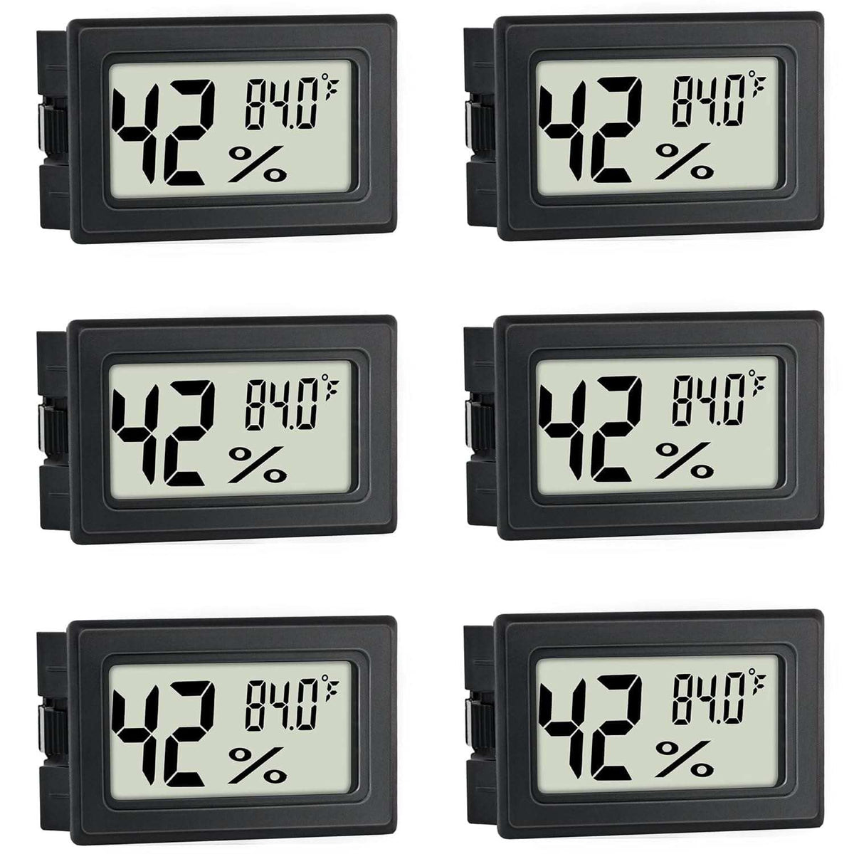 Set of six mini indoor digital hygrometers displaying 42% humidity and 84.0°F temperature for precise indoor environment monitoring.