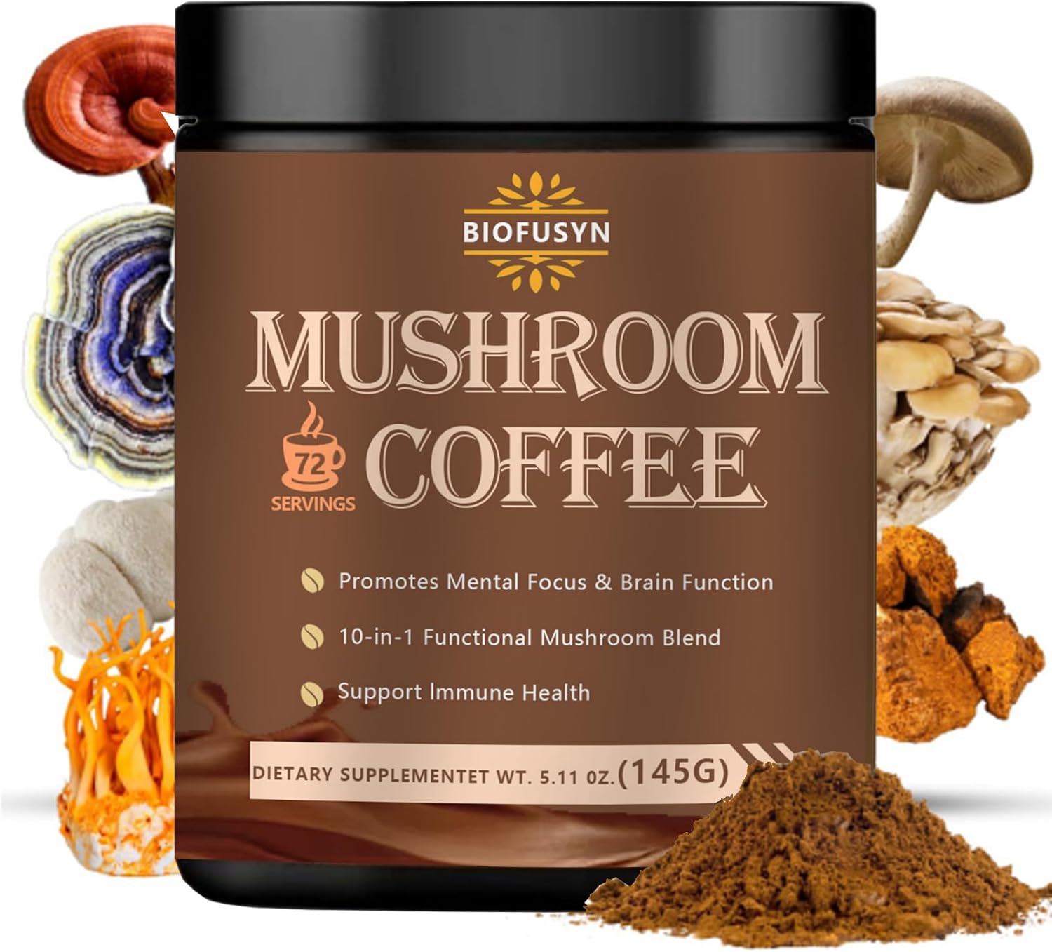Mushroom Coffee Powder - 72 Serving - Lion's Mane Mushroom, Reishi, Cordyceps, Chaga, and Turkey Tail - Instant Coffee Mix for Energy - Showlu Well Nation Store