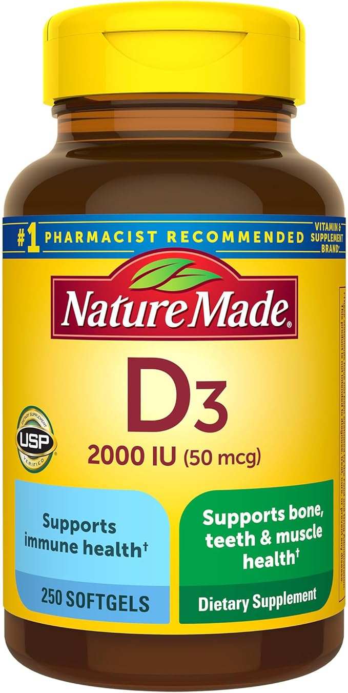 Nature Made Vitamin D3 2000 IU (50 mcg), Vitamin D Supplement for Bone, Teeth, Muscle and Immune Health Support, 250 Softgels, 250 Day Supply - Showlu Well Nation Store