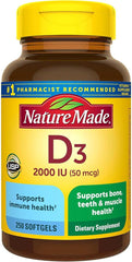 Nature Made Vitamin D3 2000 IU (50 mcg), Vitamin D Supplement for Bone, Teeth, Muscle and Immune Health Support, 250 Softgels, 250 Day Supply - Showlu Well Nation Store