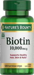 Nature's Bounty Biotin Hair Skin and Nails Vitamins, Supports Healthy Hair, Skin and Nails, 10,000 mcg, 120 Softgels (Pack of 1) - Showlu Well Nation Store