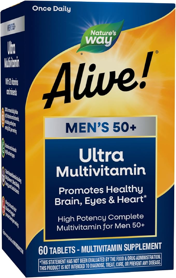 Nature's Way Alive! Men’s 50+ Daily Ultra Multivitamin, High Potency Formula, Supports Healthy Brain, Eyes & Heart*, with Methylated B12, Gluten - Free, 60 Tablets (Packaging May Vary) - Showlu Well Nation Store