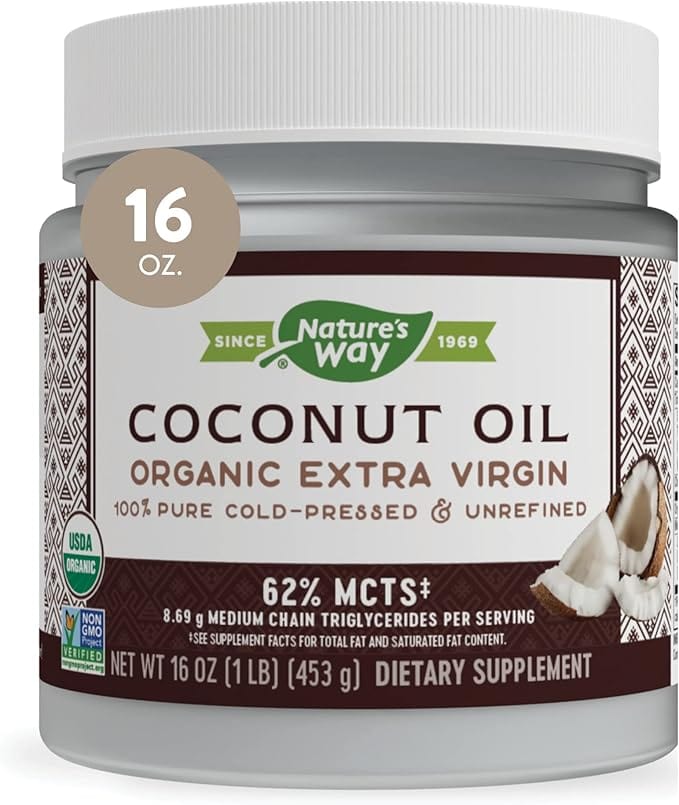 Nature's Way Organic Extra Virgin Coconut Oil 16 oz jar pure cold-pressed unrefined with 62% MCTs dietary supplement