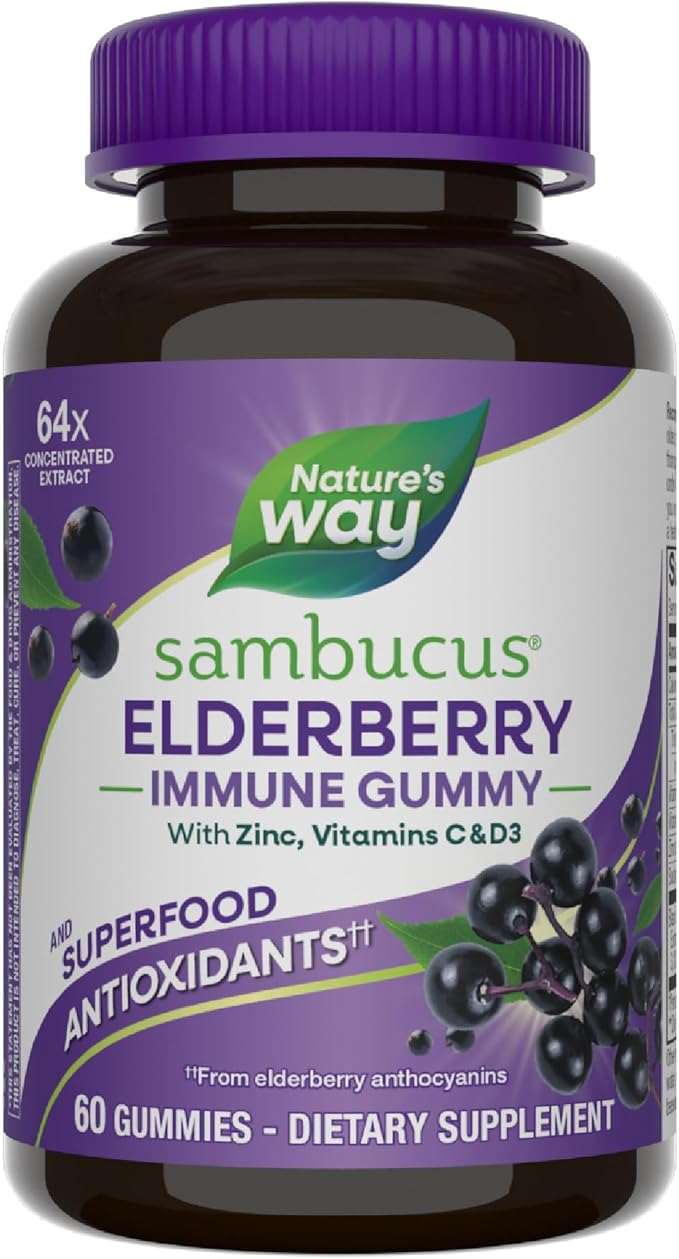 Nature’s Way Sambucus Elderberry Immune Support Gummies for Kids & Adults* with Black Elderberry Extract, Vitamin C, Vitamin D3, and Zinc, 60 Gummies (Packaging May Vary) - Showlu Well Nation Store