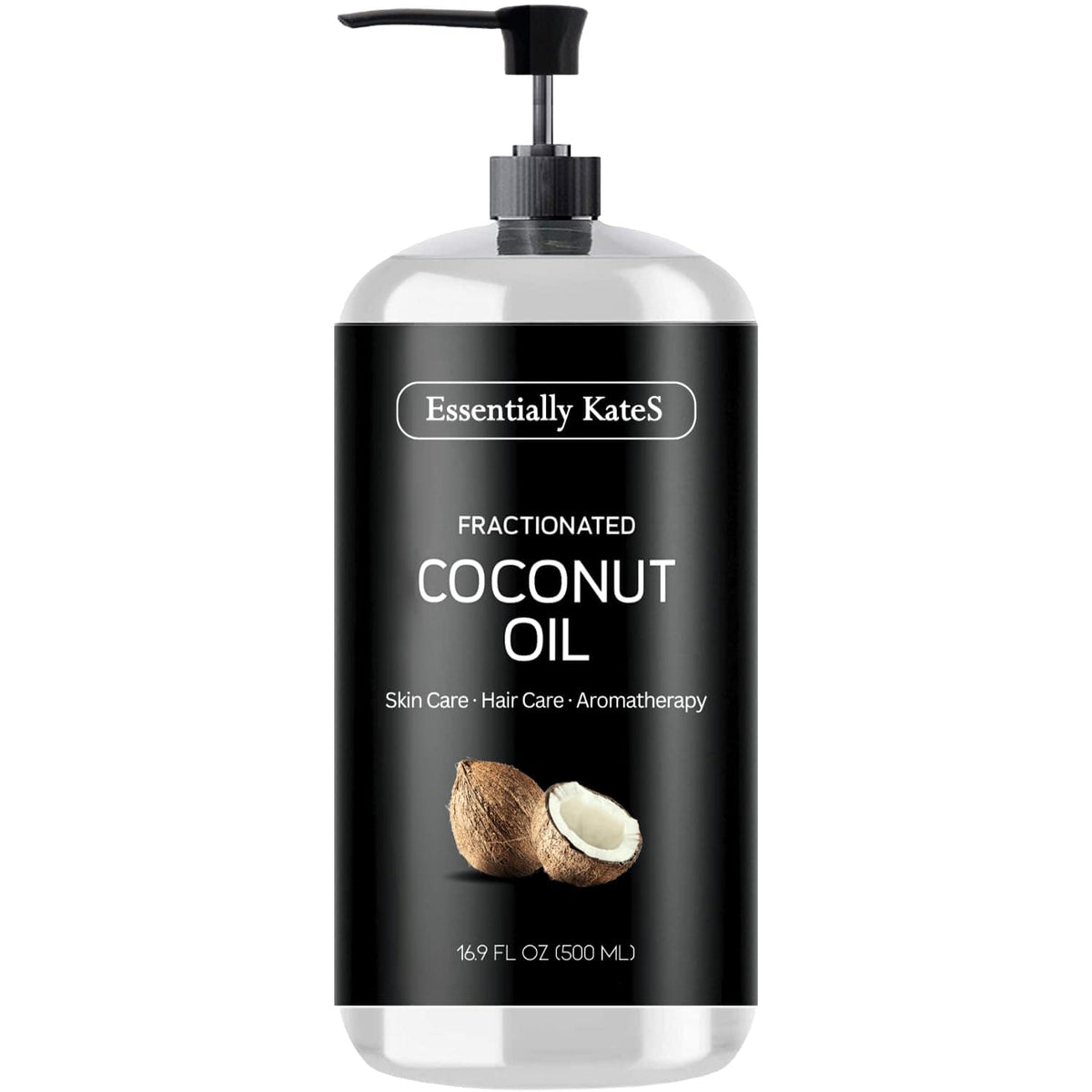 Essentially KateS Fractionated Coconut Oil 500ml pump bottle for skin care, hair care, and aromatherapy with coconut image on label