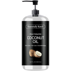 Essentially KateS Fractionated Coconut Oil 500ml pump bottle for skin care, hair care, and aromatherapy with coconut image on label
