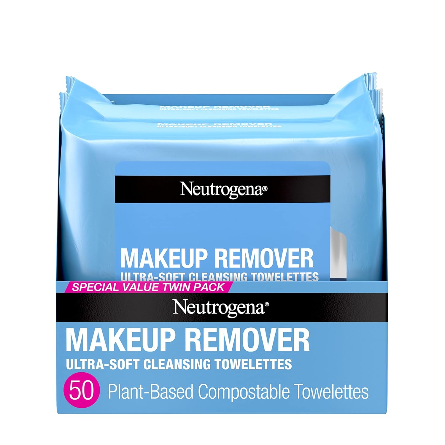 Neutrogena Makeup Remover Wipes, Ultra - Soft Cleansing Facial Towelettes for Waterproof Makeup, Alcohol - Free, Plant - Based, Twin Pack, 25 Count (Pack of 2) - Showlu Well Nation Store