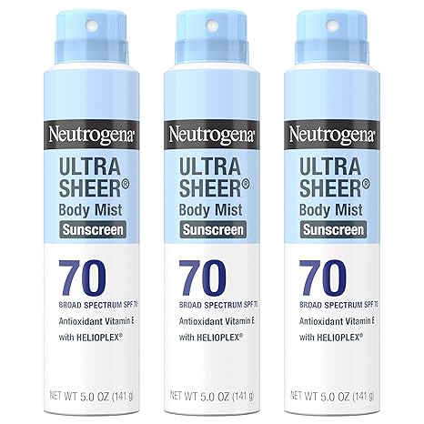 Neutrogena Ultra Sheer Body Mist Sunscreen Spray, Broad Spectrum SPF 70, Lightweight Spray Sunscreen, Non - Greasy & Water Resistant, Oil - Free & Non - Comedogenic UVA/UVB, 5 oz, Pack of 3 - Showlu Well Nation Store