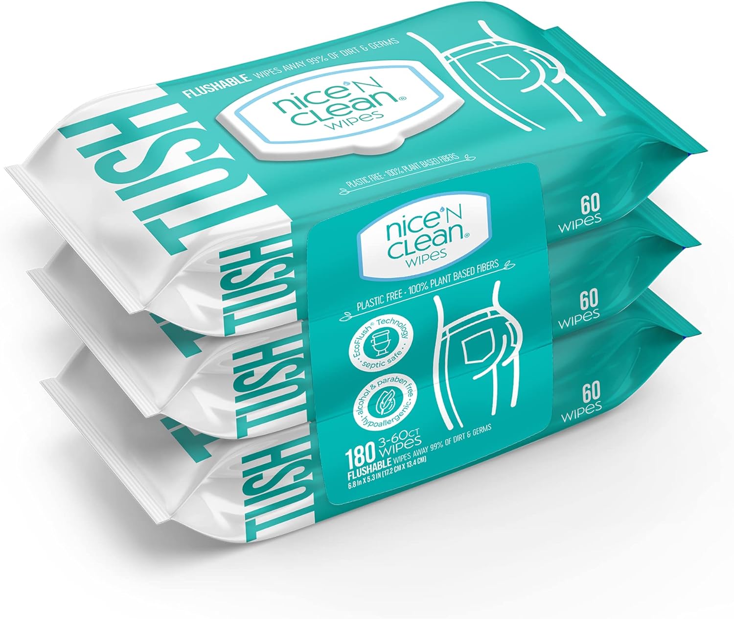 Nice 'N Clean Adult Flushable Wipes (3 x 60 Count) | Personal Cleansing Wipes Made from Plant - Based Fibers | Infused with Aloe & Vitamin E - Showlu Well Nation Store