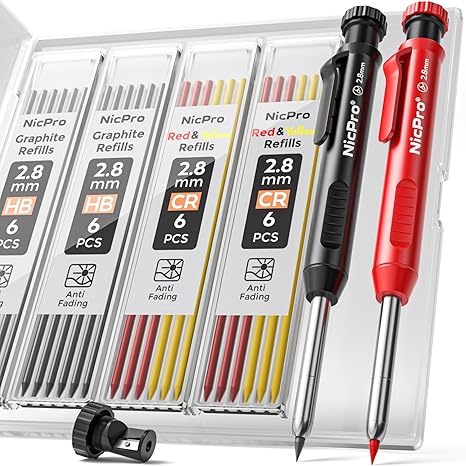 Nicpro Carpenter Pencil with Sharpener, Mechanical Pencils Set with 26 Refills, Deep Hole Marker for Construction, Heavy Duty Woodworking Tools for Architect (Black, Red) - With Case - Showlu Well Nation Store