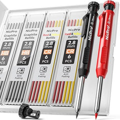 Nicpro Carpenter Pencil with Sharpener, Mechanical Pencils Set with 26 Refills, Deep Hole Marker for Construction, Heavy Duty Woodworking Tools for Architect (Black, Red) - With Case - Showlu Well Nation Store