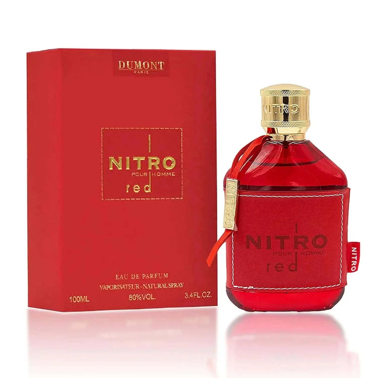 NITRO RED luxury men's eau de parfum bottle and red packaging with gold accents, fruity woody floral masculine fragrance, 3.4oz