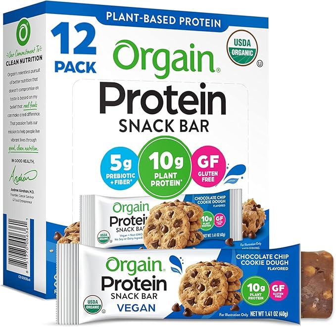 Orgain Organic Vegan Protein Bars, Chocolate Chip Cookie Dough - 10g Plant Based Protein, Low Calorie Healthy Snacks, No Lactose or Soy Ingredients, Gluten Free, Non - GMO - 1.41 Oz (Pack of 12) - Showlu Well Nation Store