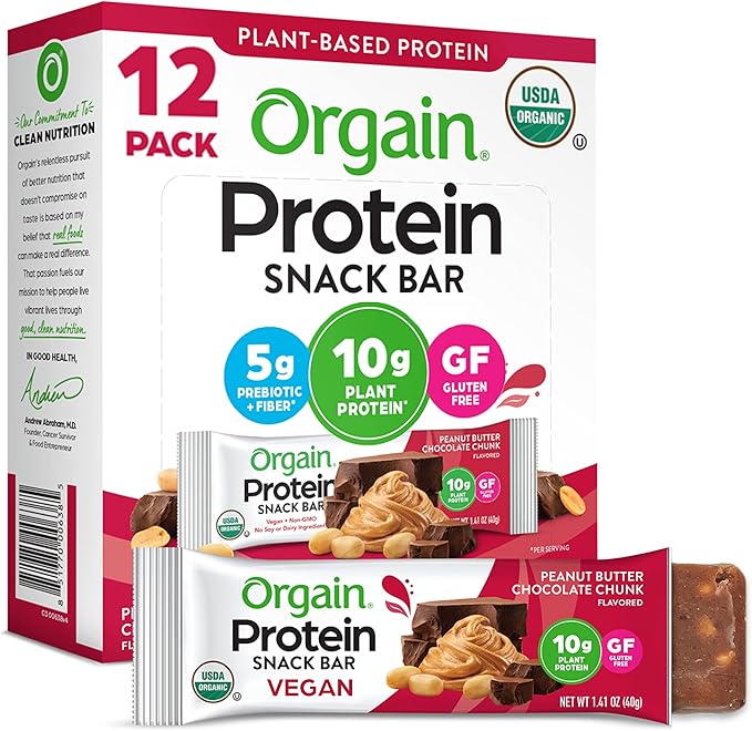 Orgain Organic Vegan Protein Bars, Peanut Butter Chocolate Chunk - 10g Plant Based Protein, Low Calorie Healthy Snacks, No Lactose or Soy Ingredients, Gluten Free, Non - GMO - 1.41 Oz (Pack of 12) - Showlu Well Nation Store