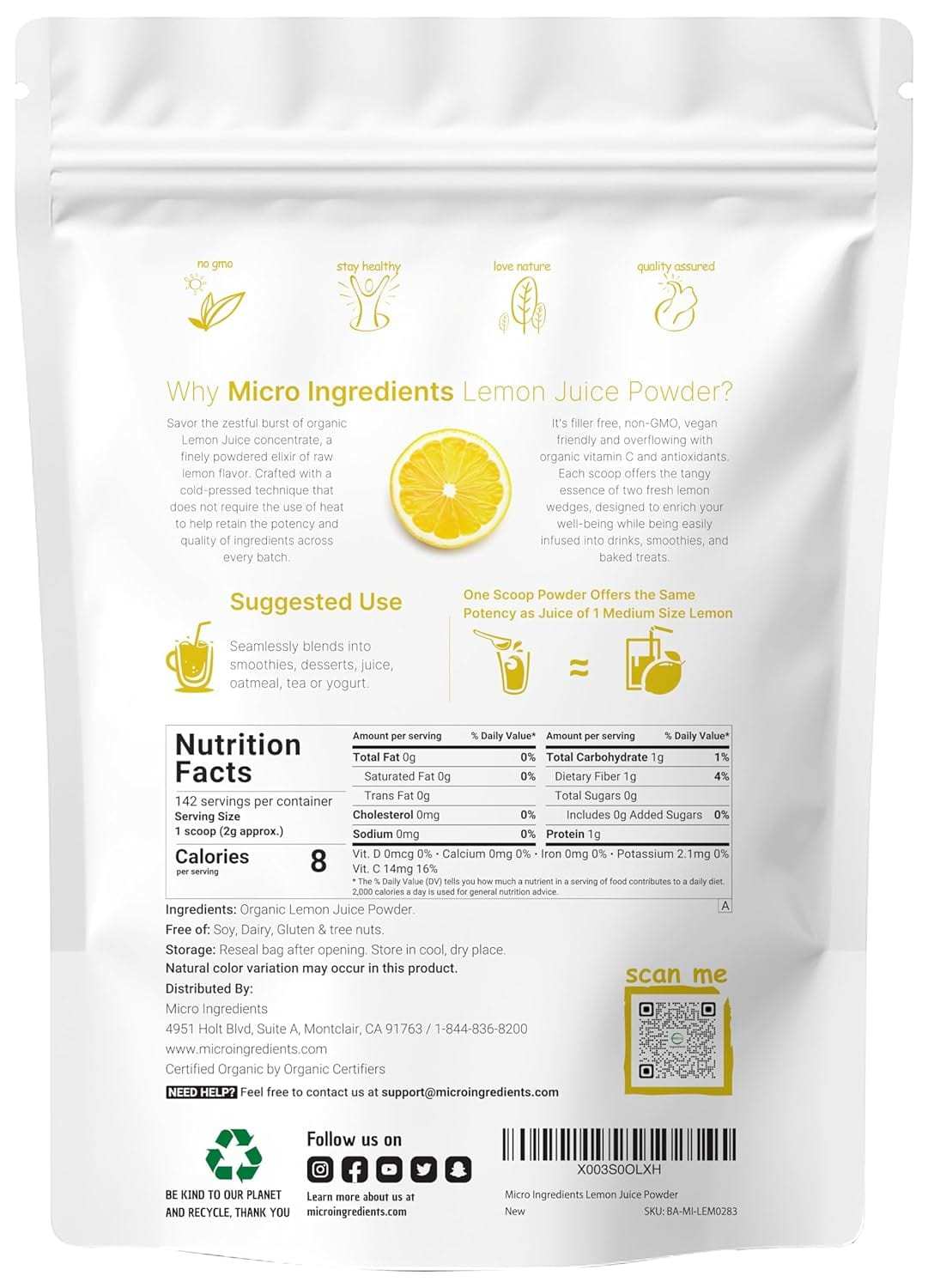 Organic lemon juice powder pouch with nutritional facts and usage instructions for drinks and smoothies