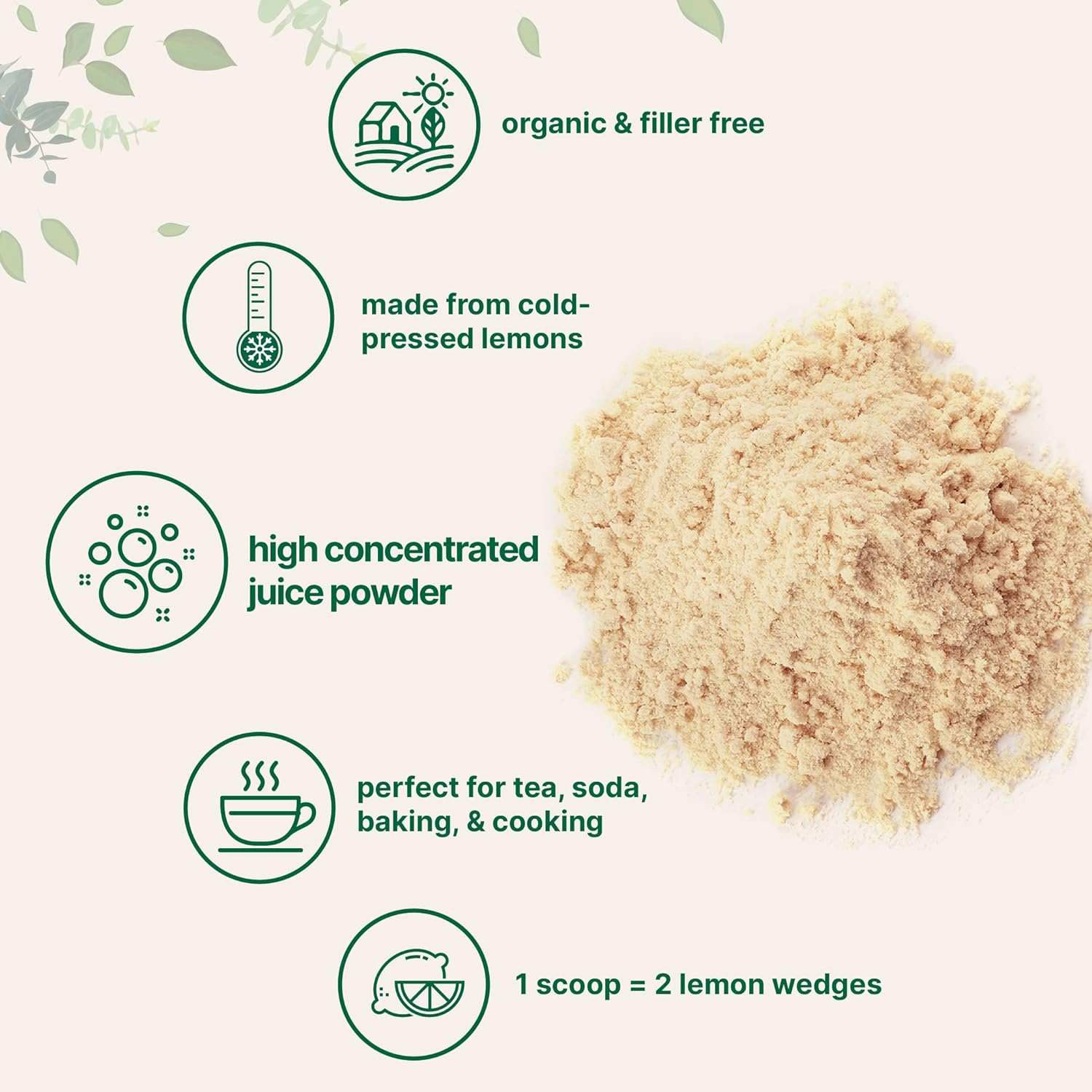 Organic lemon juice powder made from cold-pressed lemons, high concentration, filler-free, perfect for drinks, baking, and cooking, 10-ounce supply with scoop
