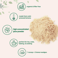 Organic lemon juice powder made from cold-pressed lemons, high concentration, filler-free, perfect for drinks, baking, and cooking, 10-ounce supply with scoop