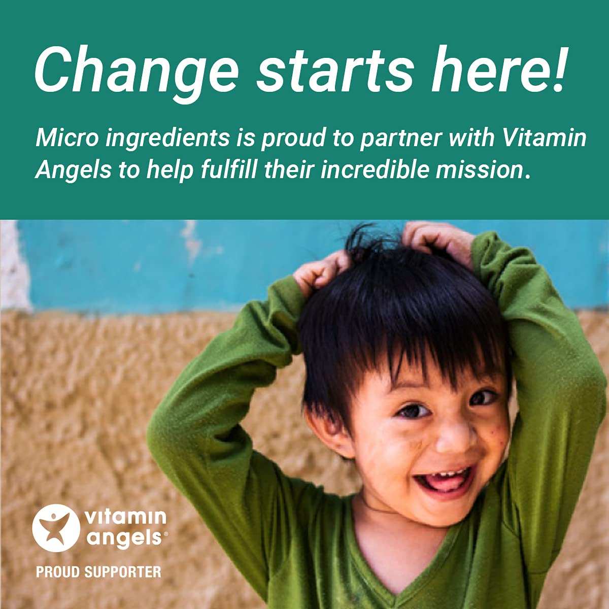 Smiling child with green shirt promoting organic lemon juice powder and Vitamin Angels partnership for health and wellness