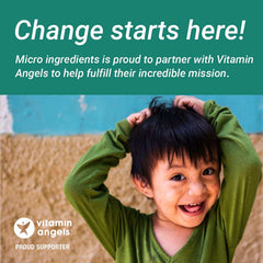 Smiling child with green shirt promoting organic lemon juice powder and Vitamin Angels partnership for health and wellness