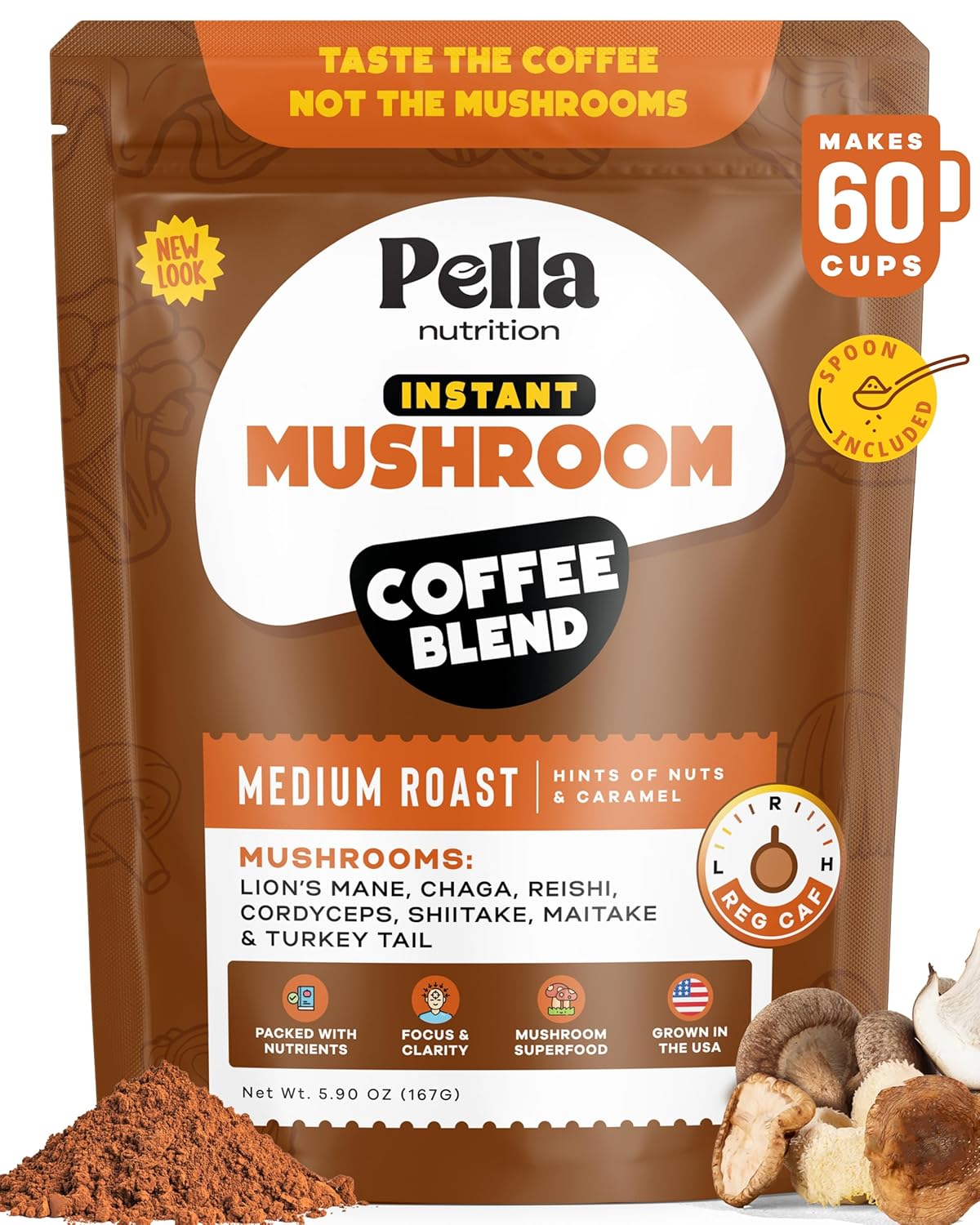 Pella Nutrition Organic Mushroom Instant Coffee (60 Servings) with 7 Superfood Mushrooms, Great Tasting, Includes Lion's Mane, Reishi, Chaga, Cordyceps, Shiitake, Maitake, and Turkey Tail - Showlu Wellness Nation Store