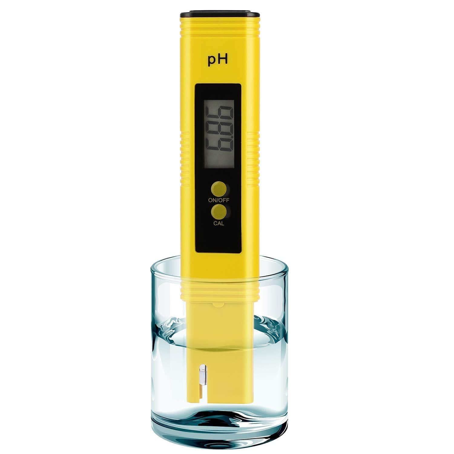 Digital yellow PH meter pen immersed in glass of water for accurate water testing with 0-14 PH range.