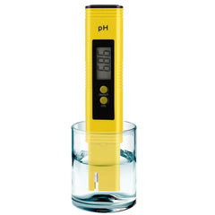 Digital yellow PH meter pen immersed in glass of water for accurate water testing with 0-14 PH range.
