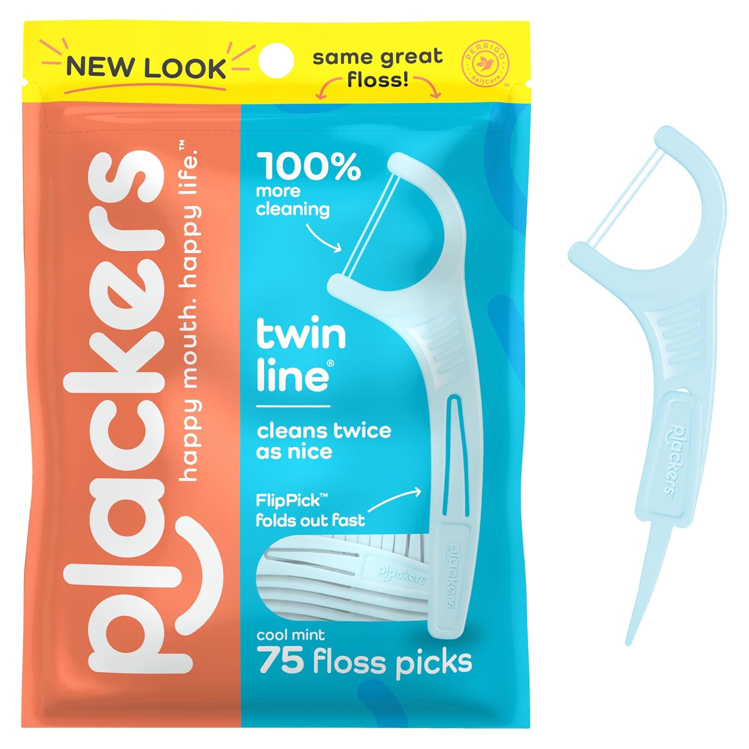 Plackers Twin - Line Dental Flossers, Cool Mint Flavor, Dual Action Flossing System, Easy Storage, Super Tuffloss, 2X The Clean, 75 Count - Showlu Well Nation Store