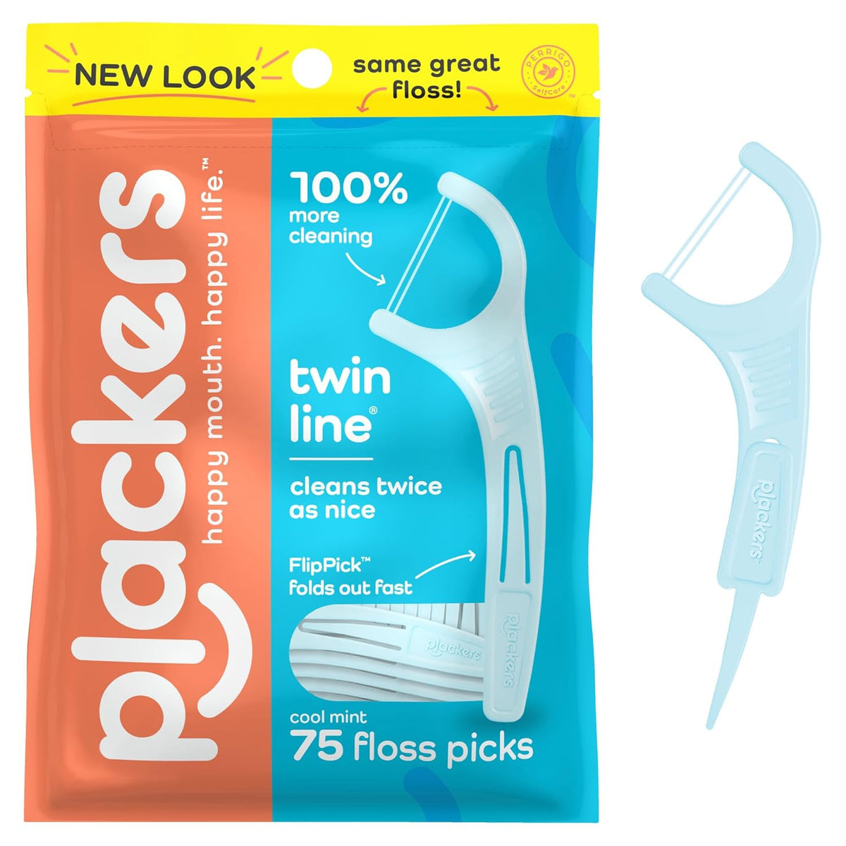 Plackers Twin - Line Dental Flossers, Cool Mint Flavor, Dual Action Flossing System, Easy Storage, Super Tuffloss, 2X The Clean, 75 Count - Showlu Wellness Nation Store