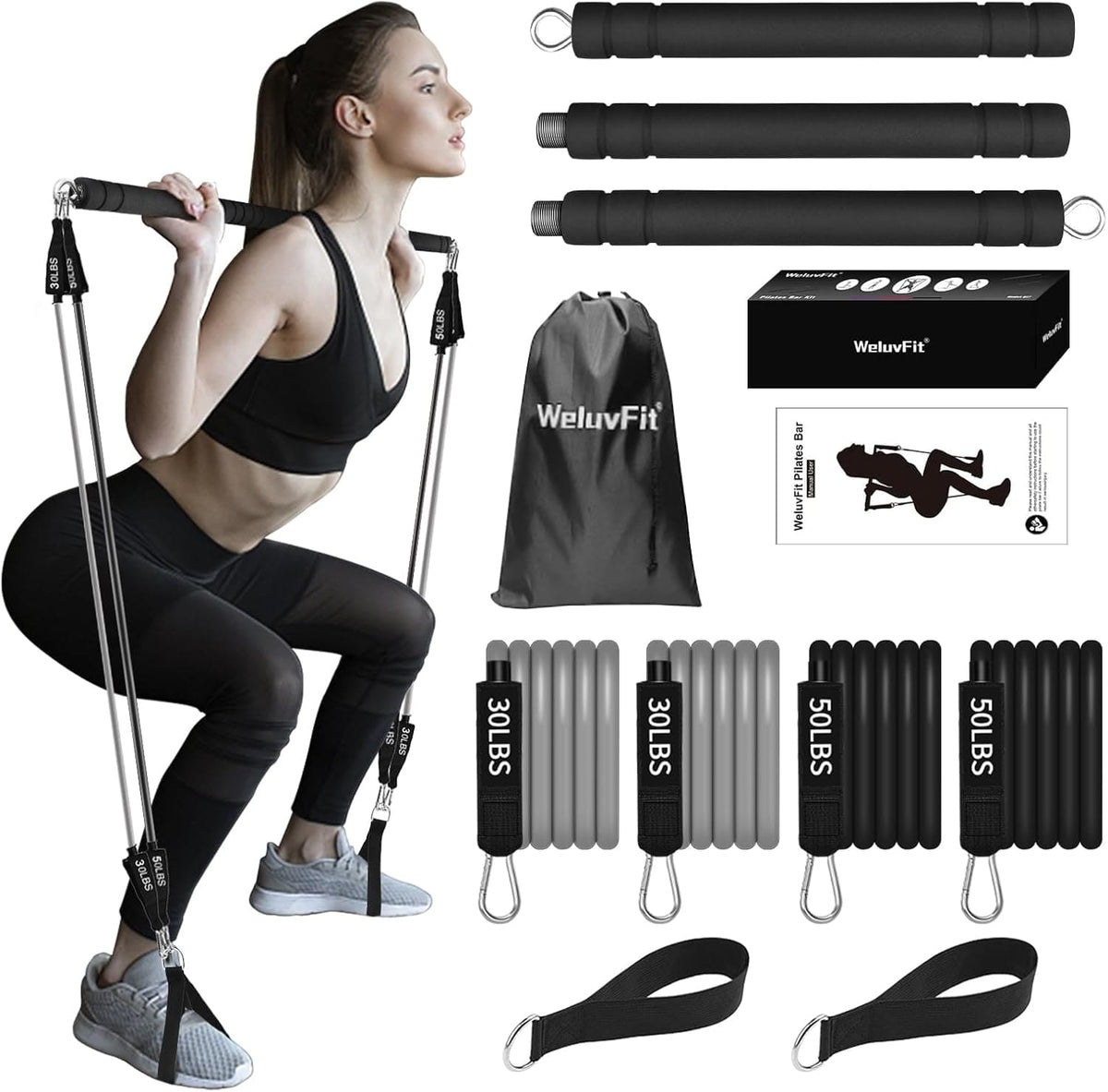 Plates Bar Kit with Resistance Band - Multifunctional Portable Weighted Exercise Pilates Bar, Home Gym with Beginner Workout Equipment, Yoga Set for Full Body - Showlu Well Nation Store