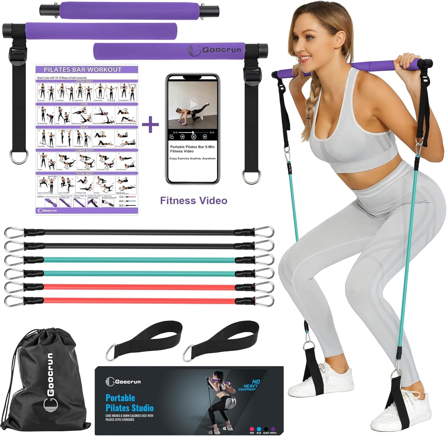 Portable Pilates Bar Kit with Resistance Bands for Men and Women - 3 Set Exercise Resistance Bands - Multifunctional Home Gym - Supports Full - Body Workouts – with Fitness Poster and Video - Showlu Well Nation Store