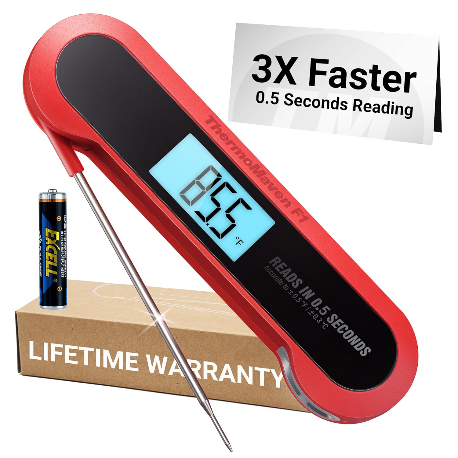 Digital meat thermometer with 3X faster 0.5-second instant read, waterproof design, auto-rotating backlight display, and high accuracy Certified by NIST.