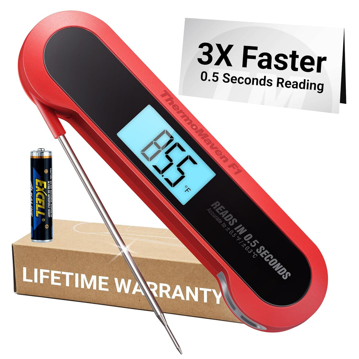 Digital meat thermometer with 3X faster 0.5-second instant read, waterproof design, auto-rotating backlight display, and high accuracy Certified by NIST.