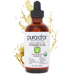 PURA D'OR 4 Oz ORGANIC Vitamin E Oil Blend 70,000 IU - 100% Natural Hexane Free, Sweet Almond, Apricot, Jojoba, Argan, Rosehip, Sunflower & Avocado Bath Oil For Scars, Skin, Face & Full Body - Showlu Well Nation Store