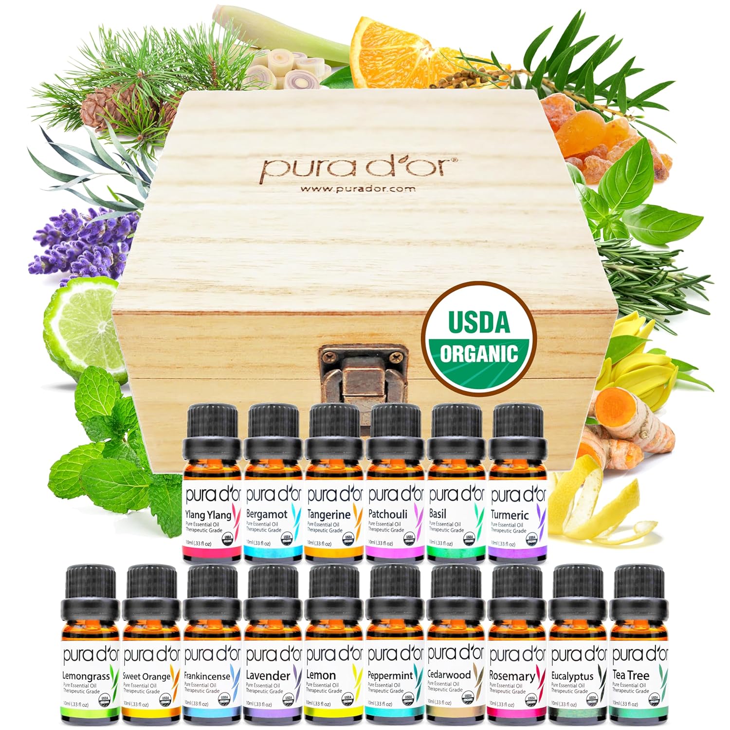 PURA D'OR Organic Sweet16 Essential Oils Set - 16x 10mL Wood Box Aromatherapy Gift Set - 100% Pure Therapeutic Grade for Relaxation and Wellness (Lavender, Rosemary, Turmeric, Ylang Ylang & More) - Showlu Wellness Nation Store