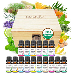 PURA D'OR Organic Sweet16 Essential Oils Set - 16x 10mL Wood Box Aromatherapy Gift Set - 100% Pure Therapeutic Grade for Relaxation and Wellness (Lavender, Rosemary, Turmeric, Ylang Ylang & More) - Showlu Wellness Nation Store